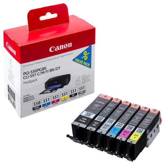 Canon PGI-550 PGBK + CLI-551 BK/C/M/Y/GY 2x schwarz, cyan, magenta, gelb, grau Druckerpatronen, 6er-Set | 6496B005 | 1 Pack = 6 St.