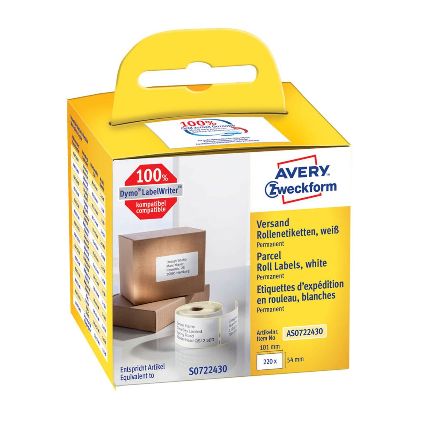 AVERY Zweckform Etikettenrolle für Etikettendrucker weiß, 101,0 x 54,0 mm, 1 x 220 Etiketten | AS0722430 | 1 Pack = 220 Etiketten