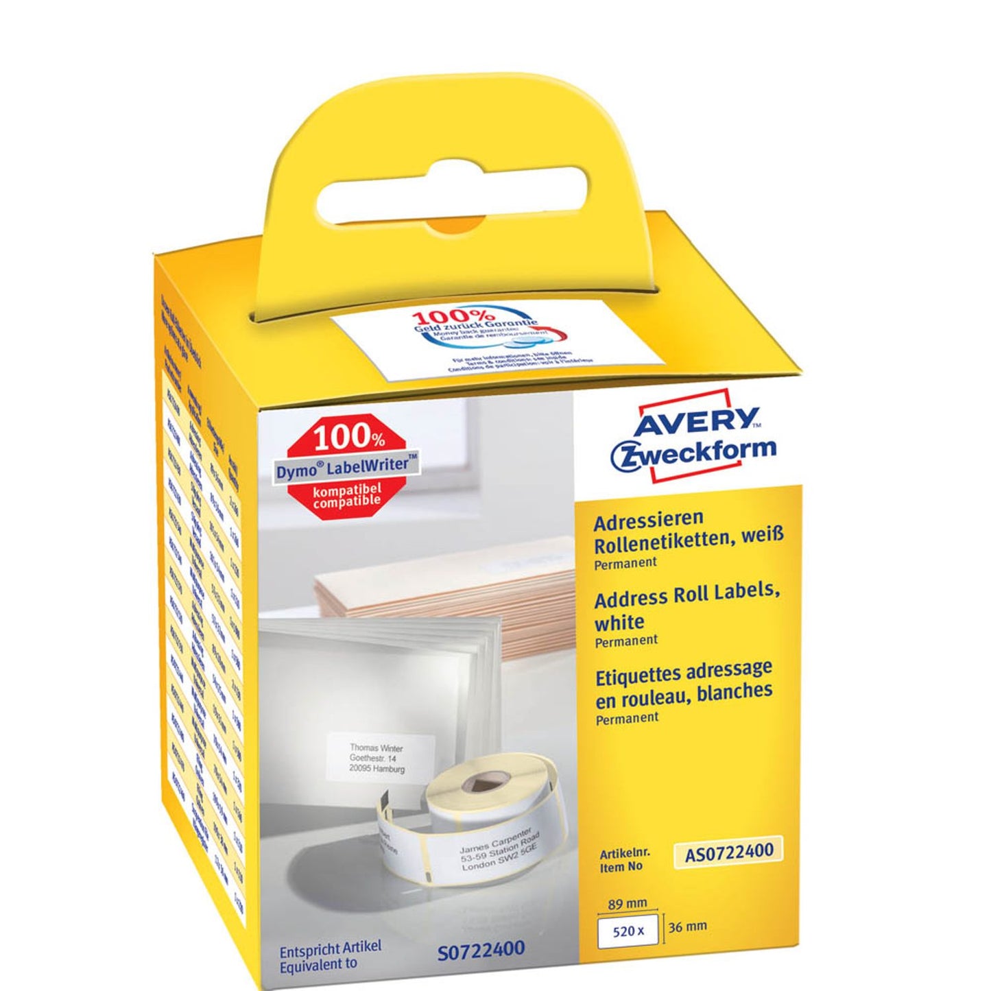 AVERY Zweckform Etikettenrollen für Etikettendrucker weiß, 89,0 x 36,0 mm, 2 x 260 Etiketten | AS0722400 | 1 Pack = 2x 260 Etiketten