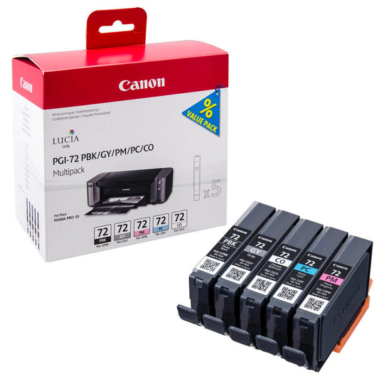 Canon PGI-72 PBK/GY/PM/PC/CO schwarz, grau, foto magenta, foto cyan, Chroma Optimizer Druckerpatronen, 5er-Set | 6403B007 | 1 Pack = 5 St.
