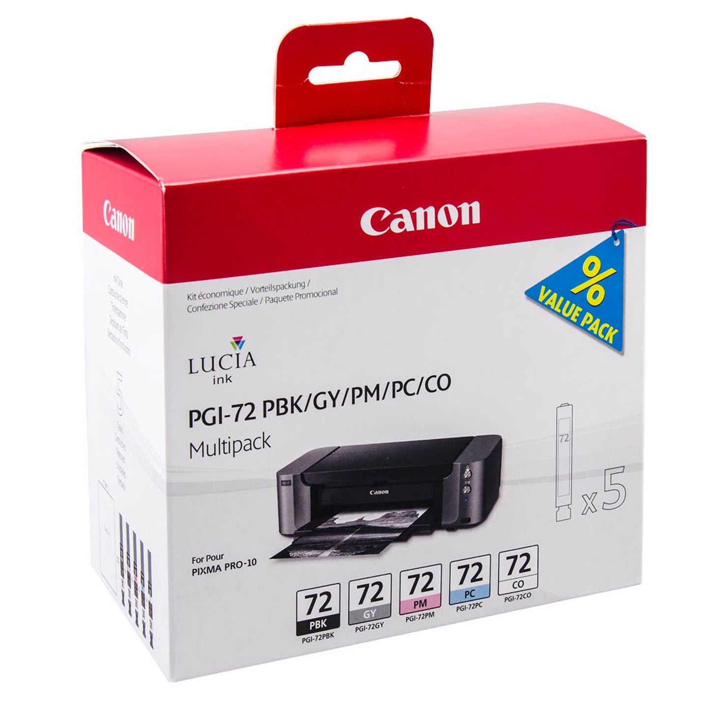 Canon PGI-72 PBK/GY/PM/PC/CO schwarz, grau, foto magenta, foto cyan, Chroma Optimizer Druckerpatronen, 5er-Set | 6403B007 | 1 Pack = 5 St.