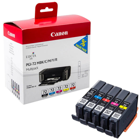 Canon PGI-72 MBK/C/M/Y/R mattschwarz, cyan, magenta, gelb, rot Druckerpatronen, 5er-Set | 6402B009 | 1 Pack = 5 St.