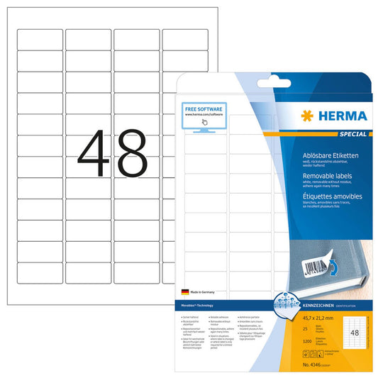 HERMA Etiketten weiß 45,7 x 21,2 mm | 4346 | 1 Pack = 25 Blatt
