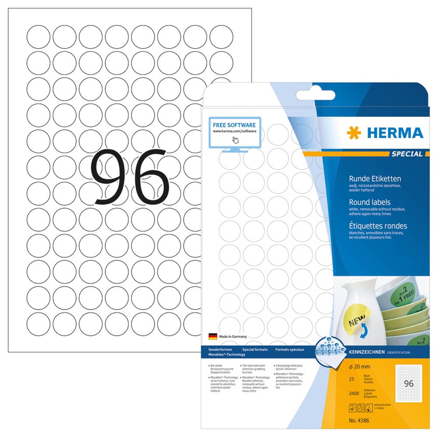 HERMA Etiketten weiß 20,0 x 20,0 mm | 4386 | 1 Pack = 25 Blatt