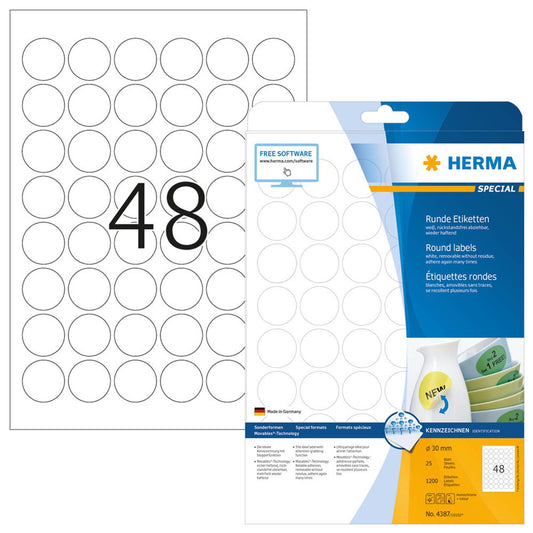HERMA Etiketten weiß 30,0 x 30,0 mm | 4387 | 1 Pack = 25 Blatt