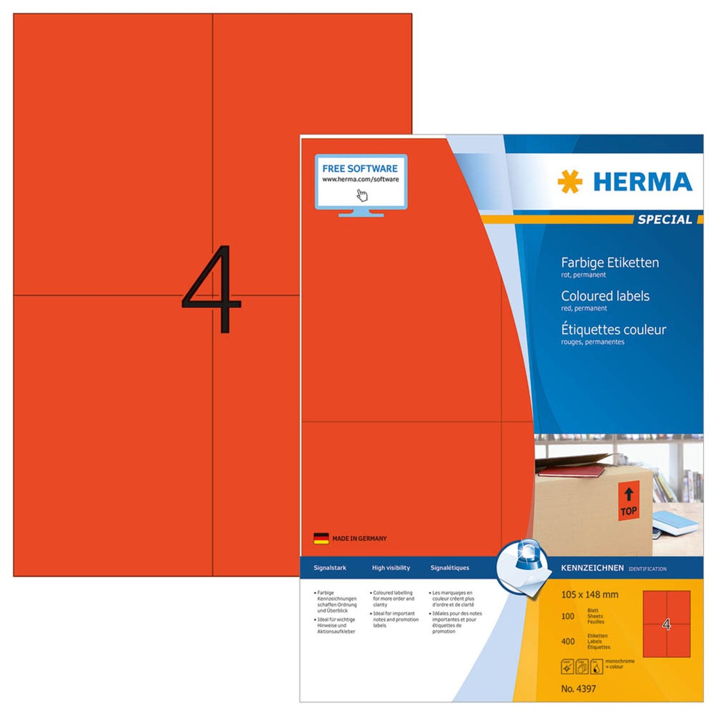 HERMA Etiketten rot 105,0 x 148,0 mm | 4397 | 1 Pack = 100 Blatt