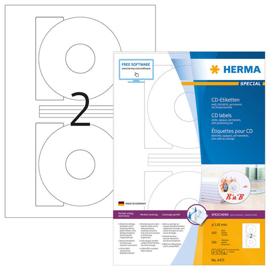 HERMA CD-Etiketten weiß | 4471 | 1 Pack = 200 Etiketten