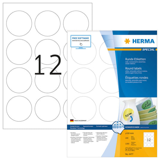 HERMA Etiketten weiß 60,0 x 60,0 mm | 4477 | 1 Pack = 100 Blatt