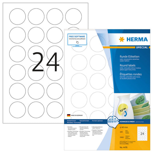 HERMA Etiketten weiß 40,0 x 40,0 mm | 4476 | 1 Pack = 100 Blatt