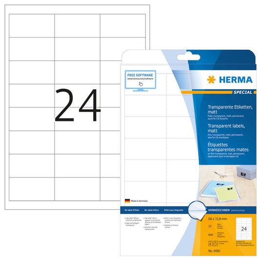HERMA Folienetiketten transparent 66,0 x 33,8 mm | 4681 | 1 Pack = 25 Blatt