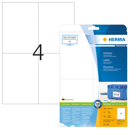 HERMA Etiketten weiß 105,0 x 148,0 mm | 5063 | 1 Pack = 25 Blatt