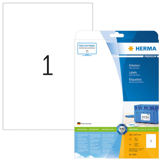 HERMA Etiketten weiß 210,0 x 297,0 mm | 5065 | 1 Pack = 25 Blatt
