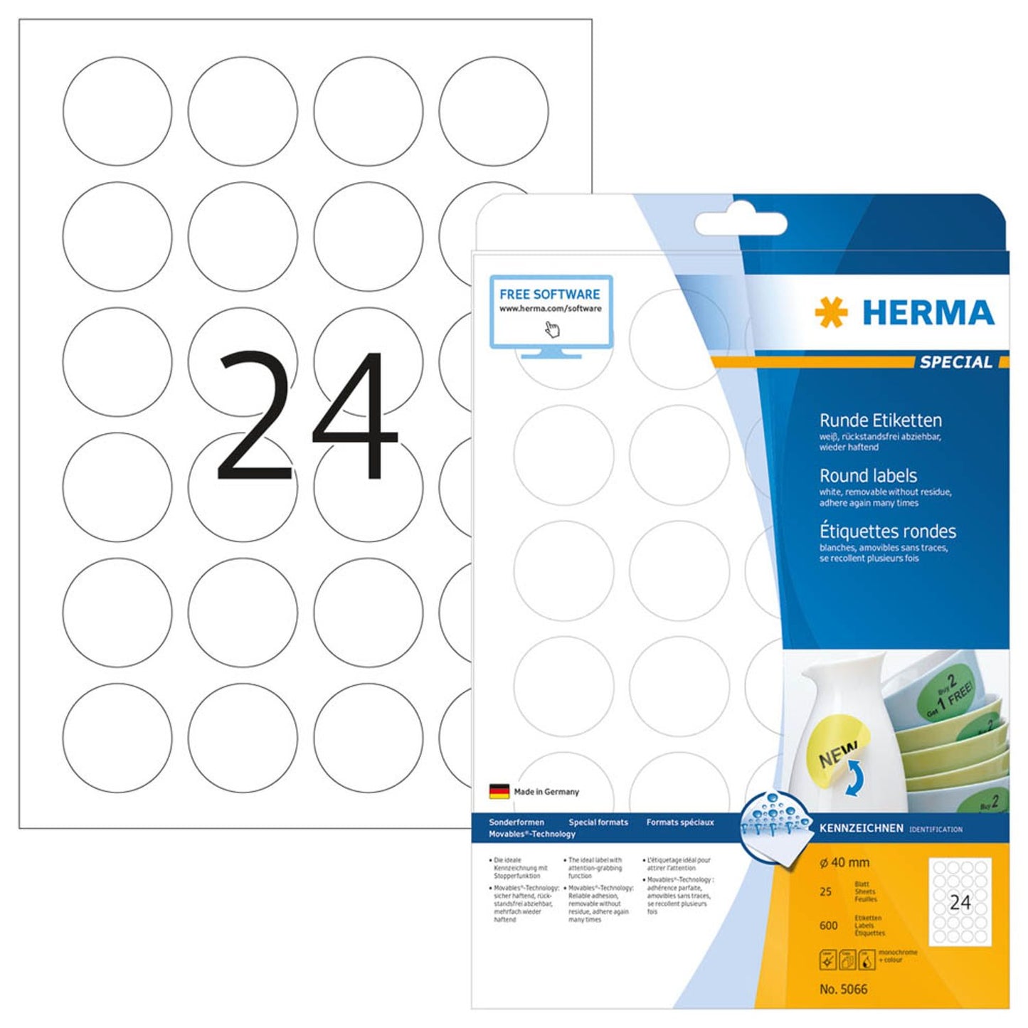 HERMA Etiketten weiß 40,0 x 40,0 mm | 5066 | 1 Pack = 25 Blatt