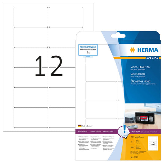 HERMA Video-Etiketten weiß 78,7 x 46,6 mm | 5070 | 1 Pack = 25 Blatt