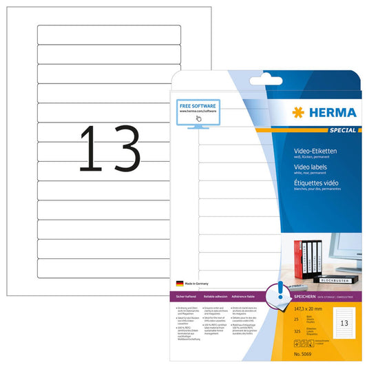 HERMA Video-Etiketten weiß 147,3 x 20,0 mm | 5069 | 1 Pack = 25 Blatt