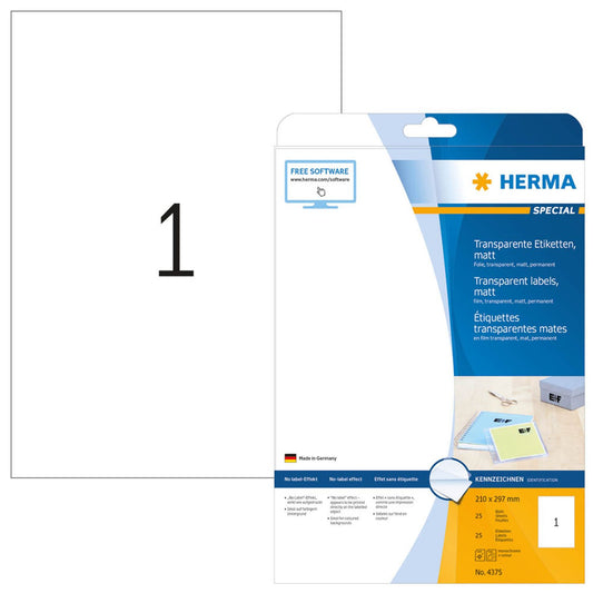 HERMA Folienetiketten transparent 210,0 x 297,0 mm | 4375 | 1 Pack = 25 Blatt