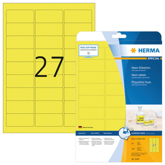 HERMA Etiketten gelb 63,5 x 29,6 mm | 5140 | 1 Pack = 20 Blatt