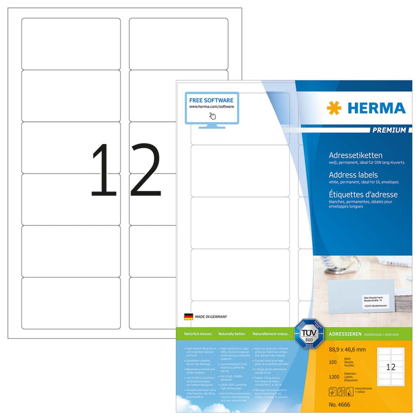 HERMA Etiketten weiß 88,9 x 46,6 mm | 4666 | 1 Pack = 100 Blatt