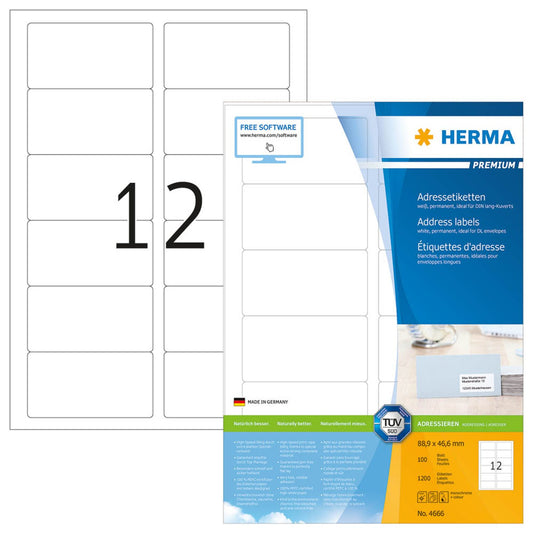HERMA Etiketten weiß 88,9 x 46,6 mm | 4666 | 1 Pack = 100 Blatt
