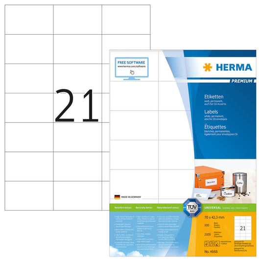 HERMA Etiketten weiß 70,0 x 42,3 mm | 4668 | 1 Pack = 100 Blatt