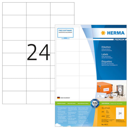 HERMA Etiketten weiß 70,0 x 37,0 mm | 4615 | 1 Pack = 200 Blatt