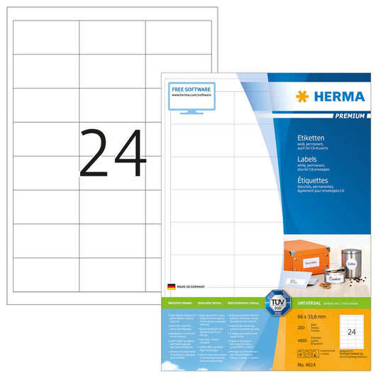 HERMA Etiketten weiß 66,0 x 33,8 mm | 4614 | 1 Pack = 200 Blatt