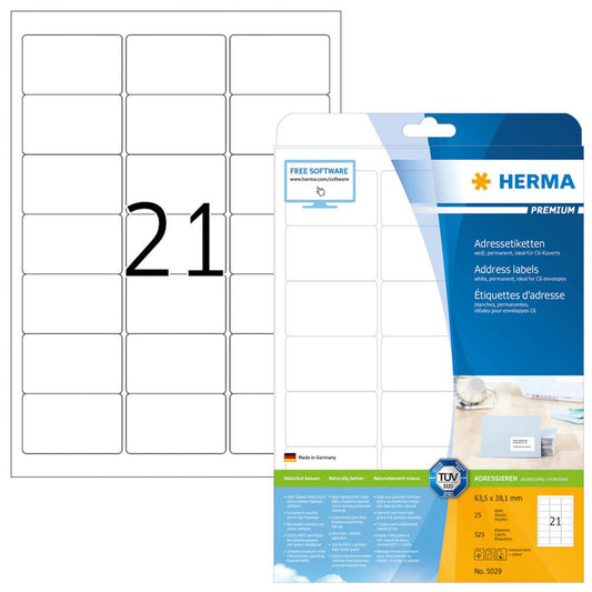 HERMA Etiketten weiß 63,5 x 38,1 mm | 5029 | 1 Pack = 25 Blatt