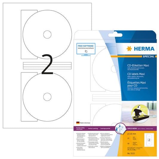 HERMA CD-Etiketten weiß | 5115 | 1 Pack = 50 Etiketten