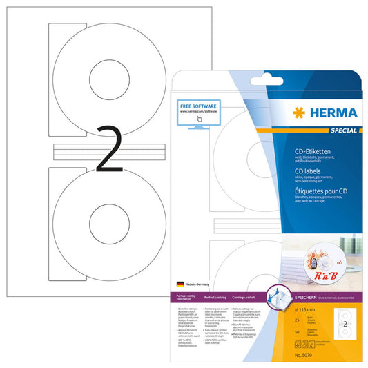 HERMA CD-Etiketten weiß | 5079 | 1 Pack = 50 Etiketten