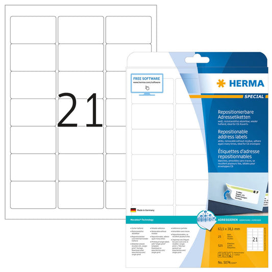 HERMA Adressetiketten weiß 63,5 x 38,1 mm | 5074 | 1 Pack = 25 Blatt