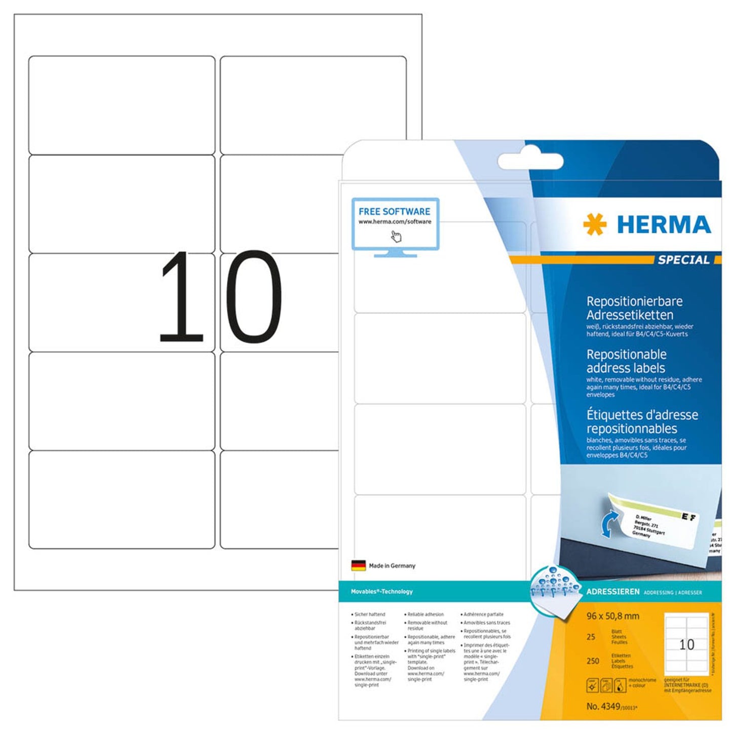 HERMA Adressetiketten weiß 96,0 x 50,8 mm | 4349 | 1 Pack = 25 Blatt