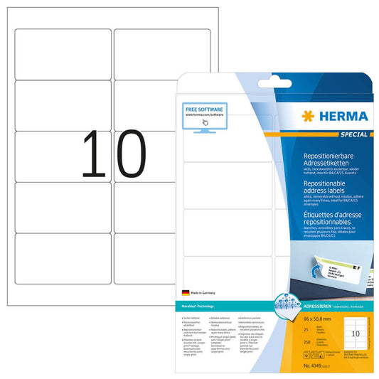 HERMA Adressetiketten weiß 96,0 x 50,8 mm | 4349 | 1 Pack = 25 Blatt