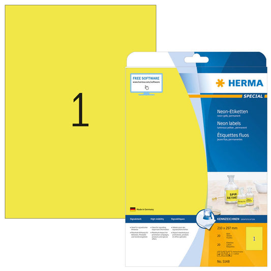 HERMA Etiketten gelb 210,0 x 297,0 mm | 5148 | 1 Pack = 20 Blatt