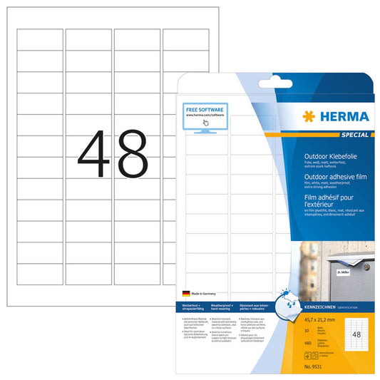 HERMA Folien-Kraftklebe-Etiketten weiß 45,7 x 21,2 mm | 9531 | 1 Pack = 10 Blatt