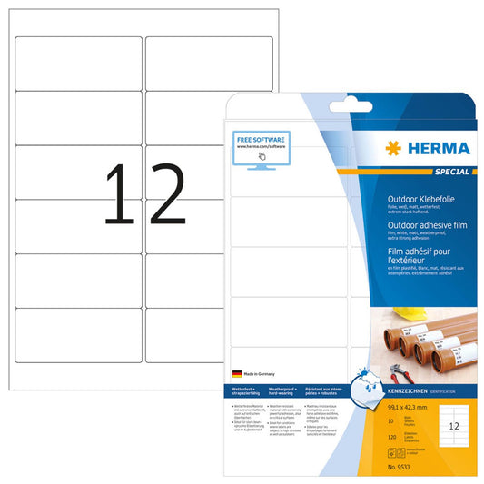 HERMA Folien-Kraftklebe-Etiketten weiß 99,1 x 42,3 mm | 9533 | 1 Pack = 10 Blatt