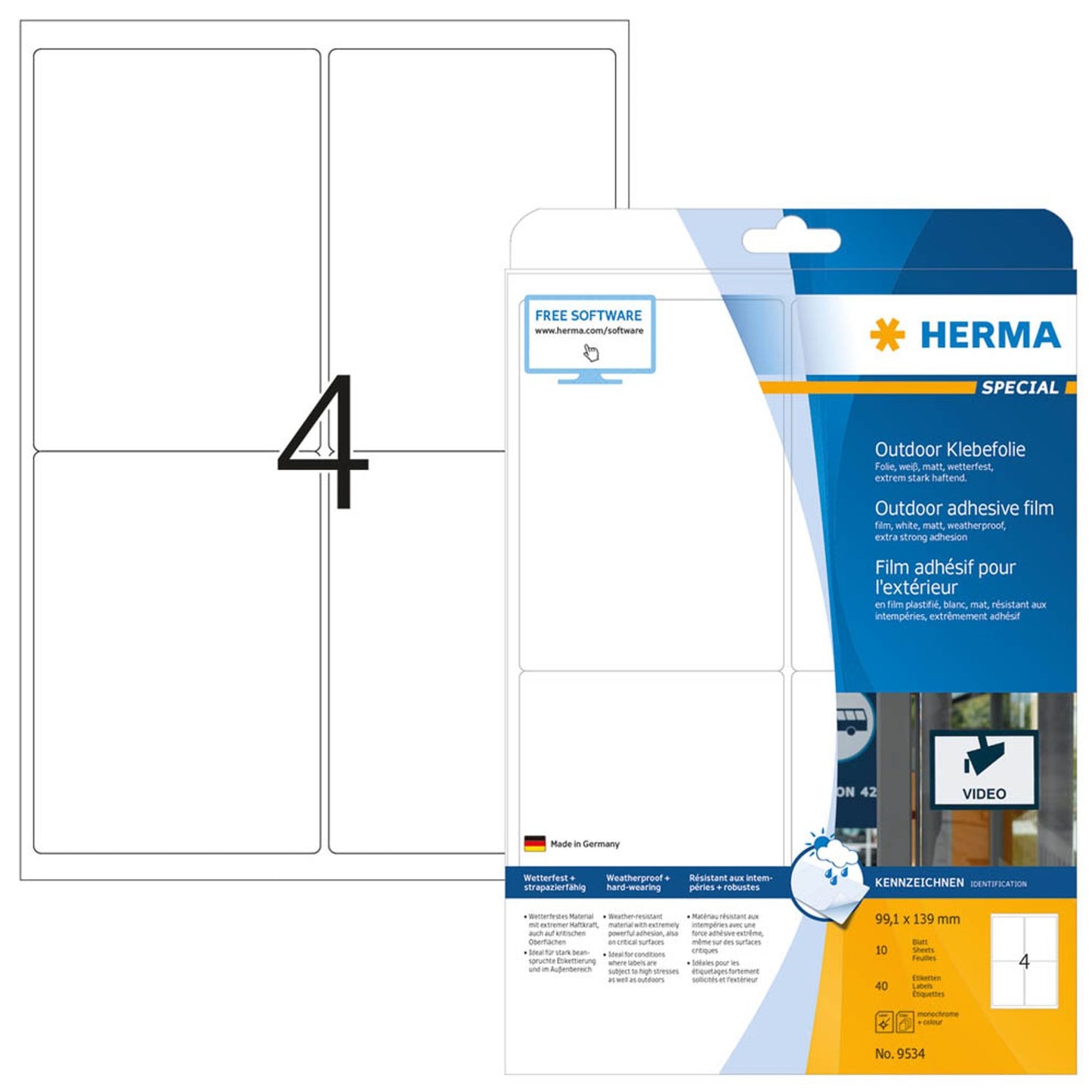 HERMA Folien-Kraftklebe-Etiketten weiß 99,1 x 139,0 mm | 9534 | 1 Pack = 10 Blatt
