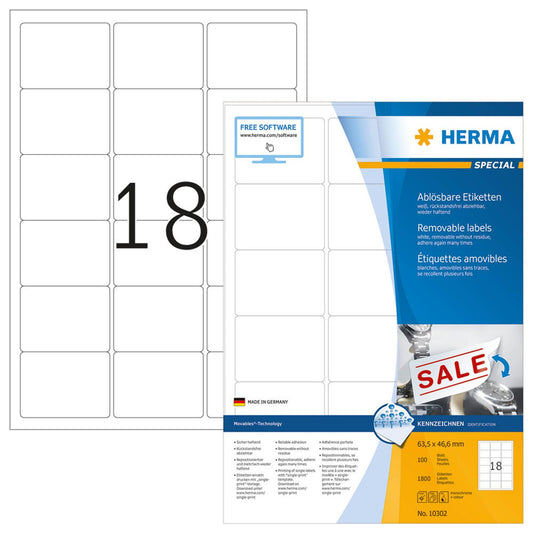 HERMA Etiketten weiß 63,5 x 46,6 mm | 10302 | 1 Pack = 100 Blatt