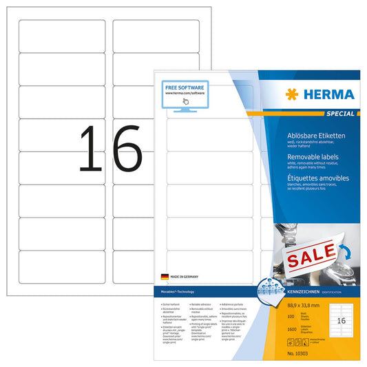 HERMA Etiketten weiß 88,9 x 33,8 mm | 10303 | 1 Pack = 100 Blatt