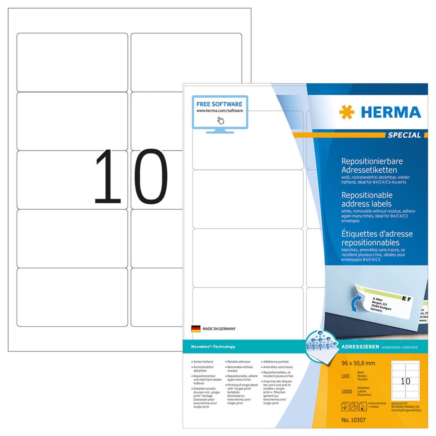 HERMA Adressetiketten weiß 96,0 x 50,8 mm | 10307 | 1 Pack = 100 Blatt
