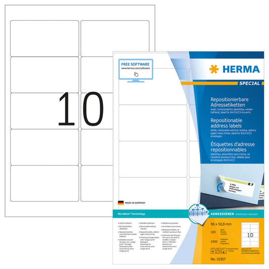 HERMA Adressetiketten weiß 96,0 x 50,8 mm | 10307 | 1 Pack = 100 Blatt