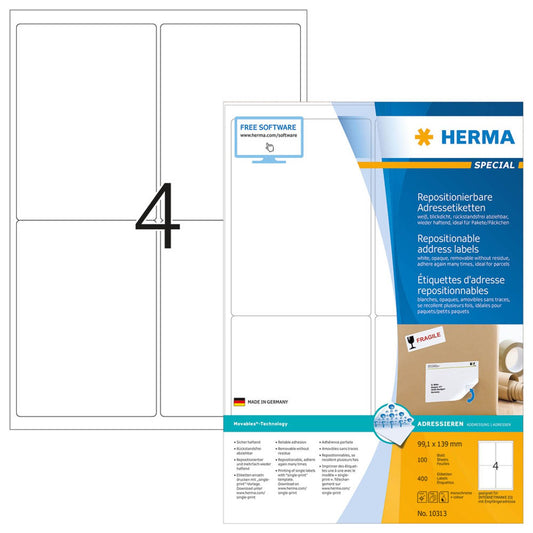 HERMA Adressetiketten weiß 99,1 x 139,0 mm | 10313 | 1 Pack = 100 Blatt