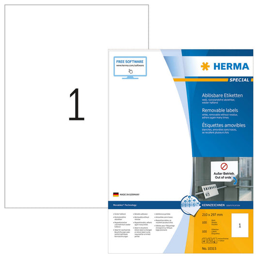 HERMA Etiketten weiß 210,0 x 297,0 mm | 10315 | 1 Pack = 100 Blatt