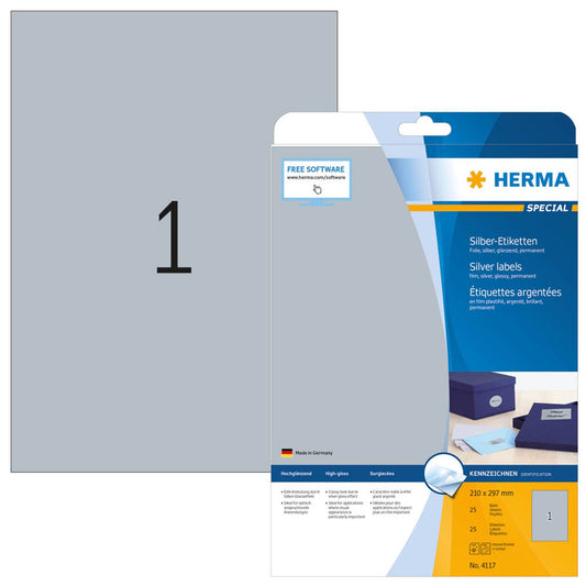 HERMA Folienetiketten silber 210,0 x 297,0 mm | 4117 | 1 Pack = 25 Blatt