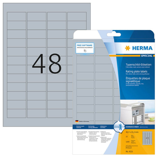 HERMA Typenschildetiketten silber 45,7 x 21,2 mm | 4221 | 1 Pack = 25 Blatt