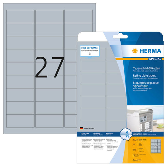 HERMA Typenschildetiketten silber 63,5 x 29,6 mm | 4222 | 1 Pack = 25 Blatt