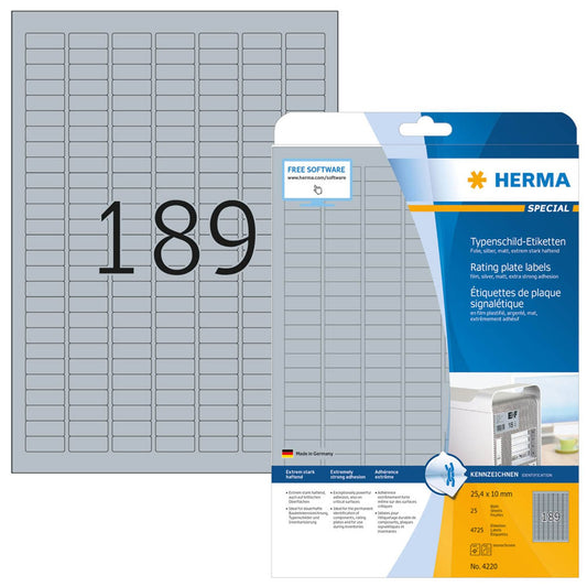 HERMA Typenschildetiketten silber 25,0 x 10,0 mm | 4220 | 1 Pack = 25 Blatt