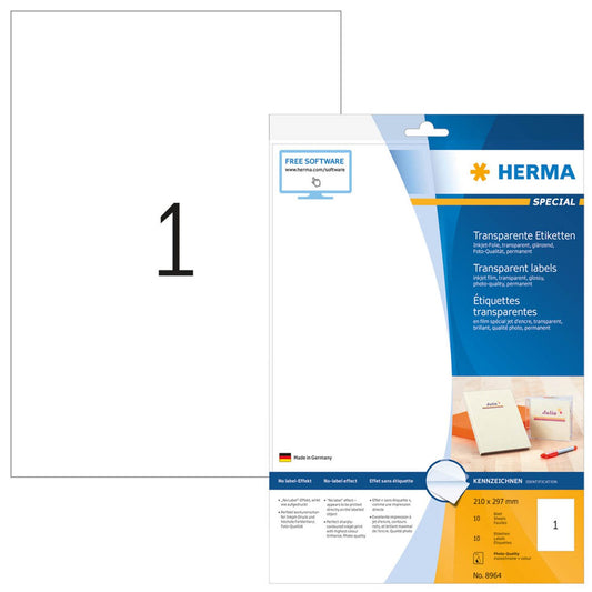 HERMA Folienetiketten transparent 210,0 x 297,0 mm | 8964 | 1 Pack = 10 Blatt