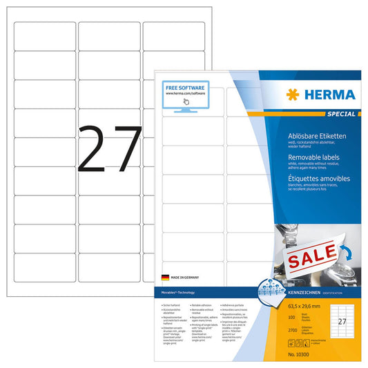 HERMA Etiketten weiß 63,5 x 29,6 mm | 10300 | 1 Pack = 100 Blatt