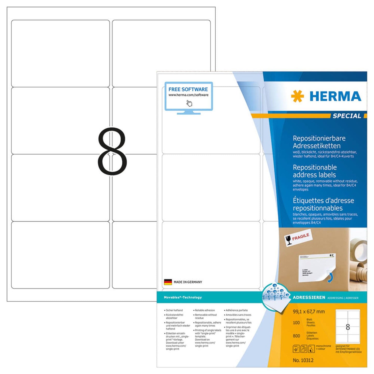 HERMA Etiketten weiß 99,1 x 67,7 mm | 10312 | 1 Pack = 100 Blatt