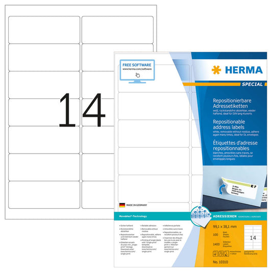 HERMA Adressetiketten weiß 99,1 x 38,1 mm | 10310 | 1 Pack = 100 Blatt